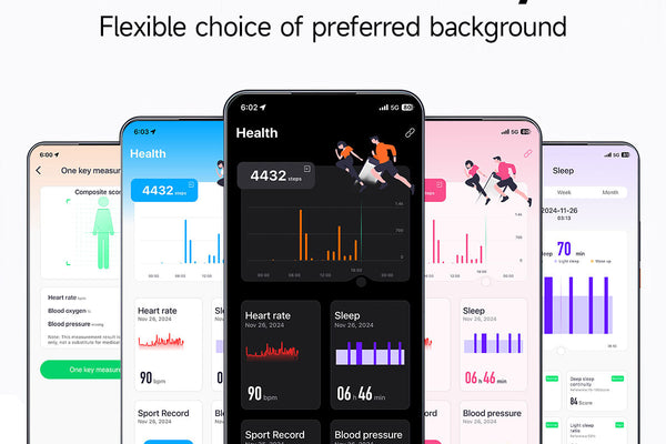 "Lumeox smartwatch app showcasing multiple theme styles and features like heart rate variability, stress testing, and sports records."