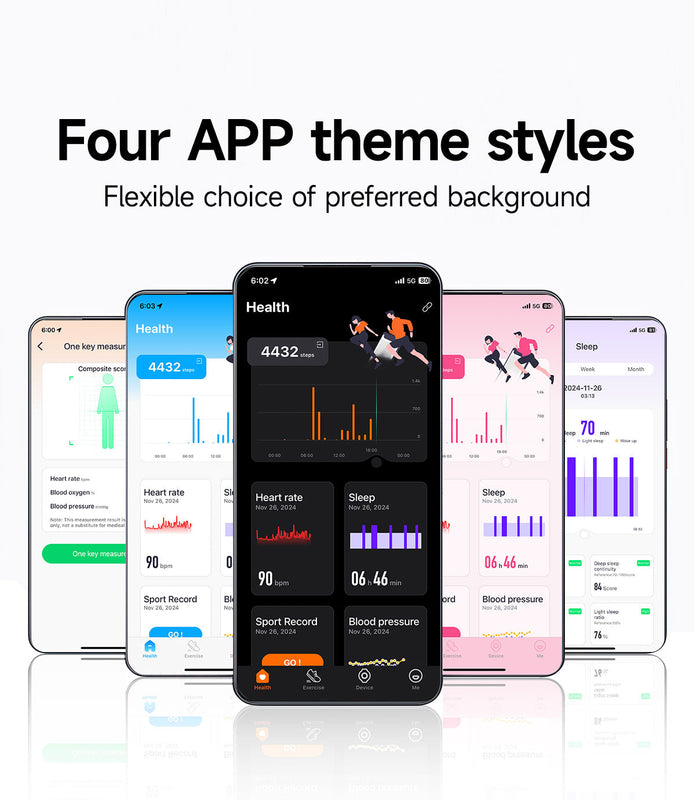 "Lumeox smartwatch app showcasing multiple theme styles and features like heart rate variability, stress testing, and sports records."