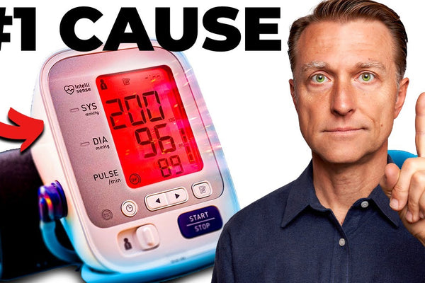 A digital blood pressure monitor showing a high reading (200/96) with a Dr. Eric Berg emphasizing the dangers of high blood pressure and the importance of daily monitoring for longevity and heart health.