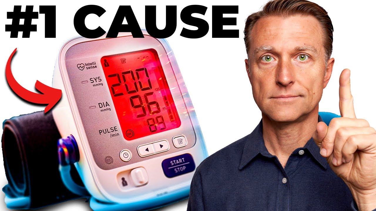 A digital blood pressure monitor showing a high reading (200/96) with a Dr. Eric Berg emphasizing the dangers of high blood pressure and the importance of daily monitoring for longevity and heart health.