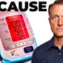 A digital blood pressure monitor showing a high reading (200/96) with a Dr. Eric Berg emphasizing the dangers of high blood pressure and the importance of daily monitoring for longevity and heart health.