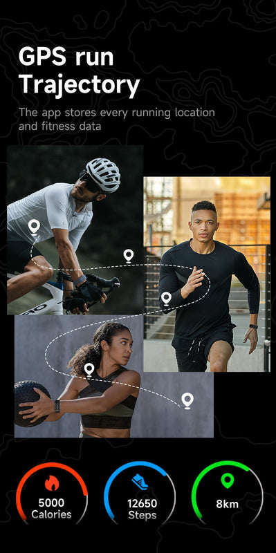 Lumeox smartwatch GPS run trajectory tracking feature. Fitness data, running locations, calorie burn, step count, and distance covered. Perfect for athletes, Biohackers, cyclists, and runners looking for preciese performance tracking and health insights.