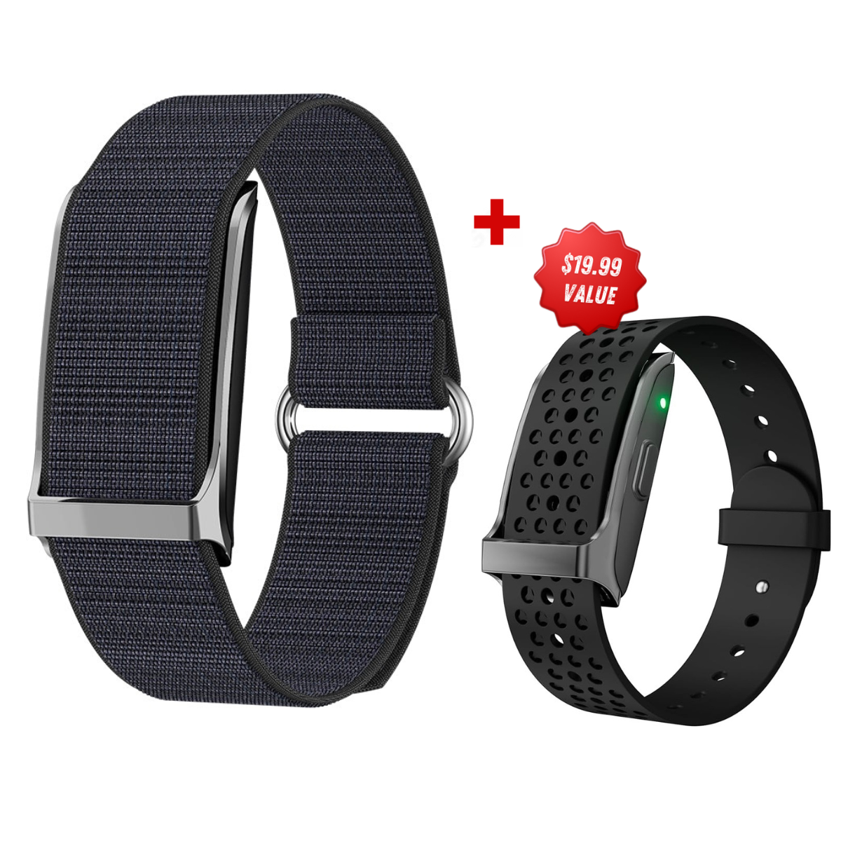 "A vibrant Black Lumeox® smartwatch with two interchangeable straps – a breathable perforated sports band and a stylish woven band. Designed for both high-performance workouts and everyday wear, combining comfort, durability, and a sleek modern look."