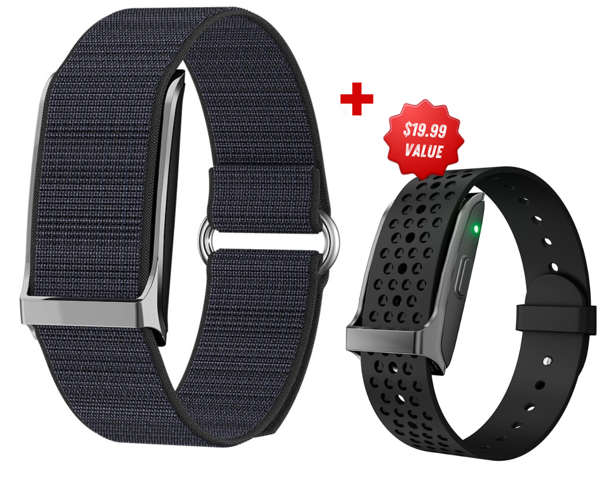 "A vibrant Black Lumeox® smartwatch with two interchangeable straps – a breathable perforated sports band and a stylish woven band. Designed for both high-performance workouts and everyday wear, combining comfort, durability, and a sleek modern look."