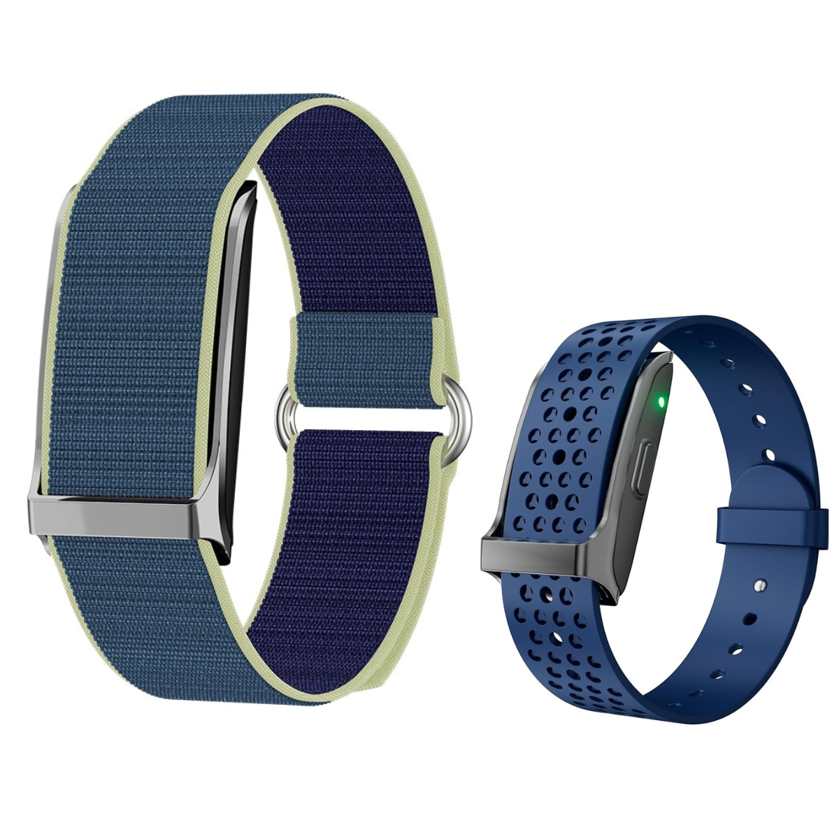 "A vibrant Blue Lumeox® smartwatch with two interchangeable straps – a breathable perforated sports band and a stylish woven band. Designed for both high-performance workouts and everyday wear, combining comfort, durability, and a sleek modern look."