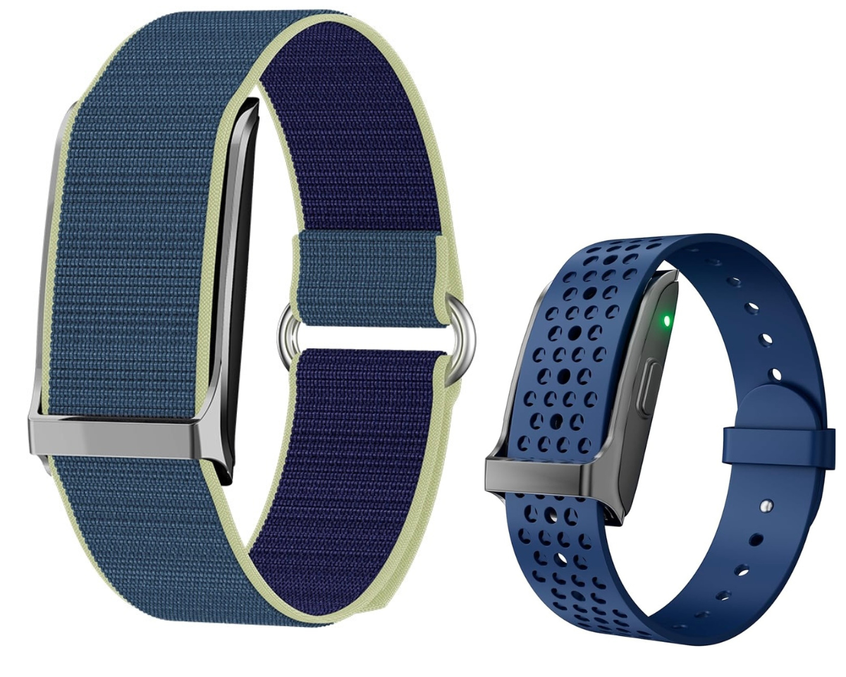 "A vibrant Blue Lumeox® smartwatch with two interchangeable straps – a breathable perforated sports band and a stylish woven band. Designed for both high-performance workouts and everyday wear, combining comfort, durability, and a sleek modern look."