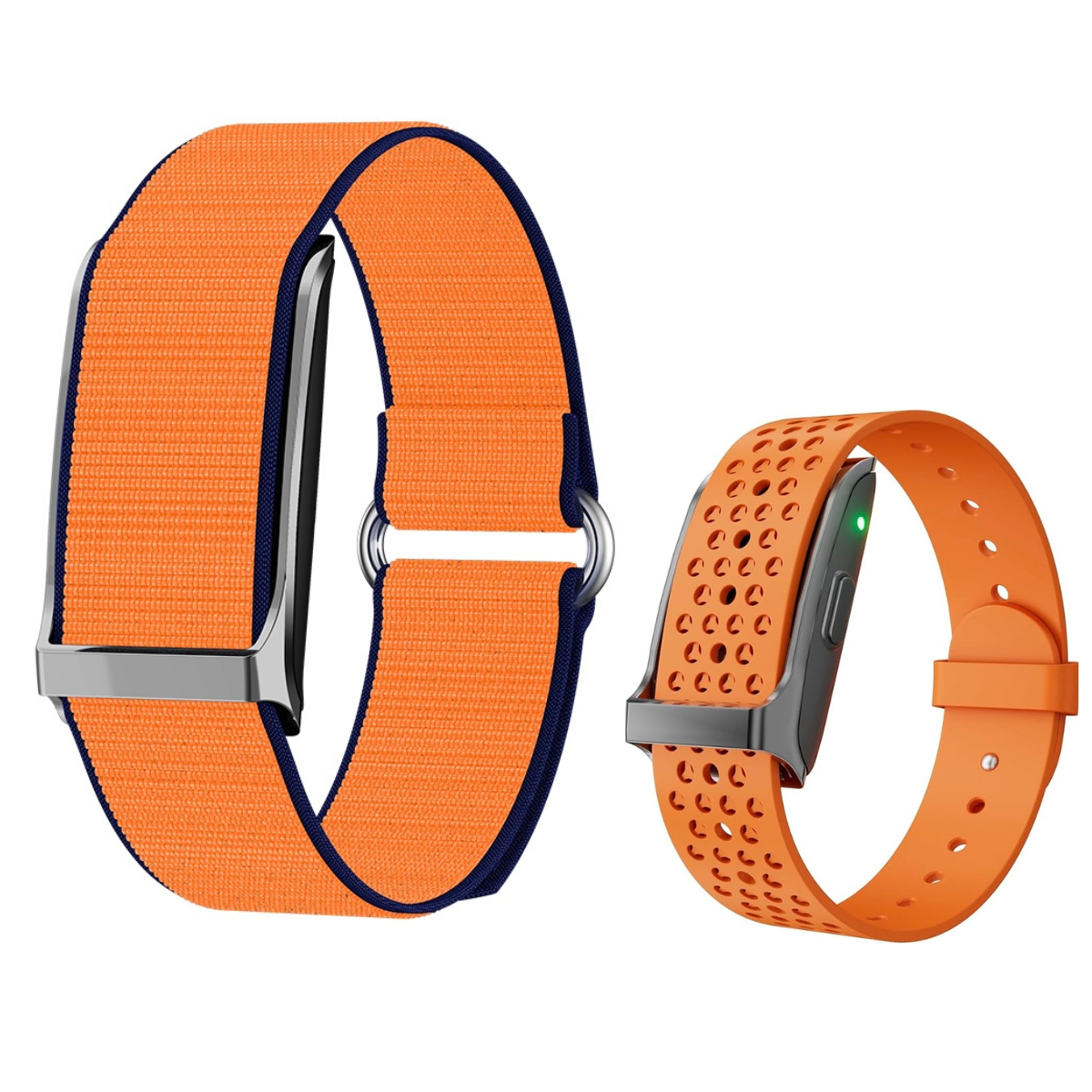 "A vibrant orange Lumeox® smartwatch with two interchangeable straps – a breathable perforated sports band and a stylish woven band. Designed for both high-performance workouts and everyday wear, combining comfort, durability, and a sleek modern look."