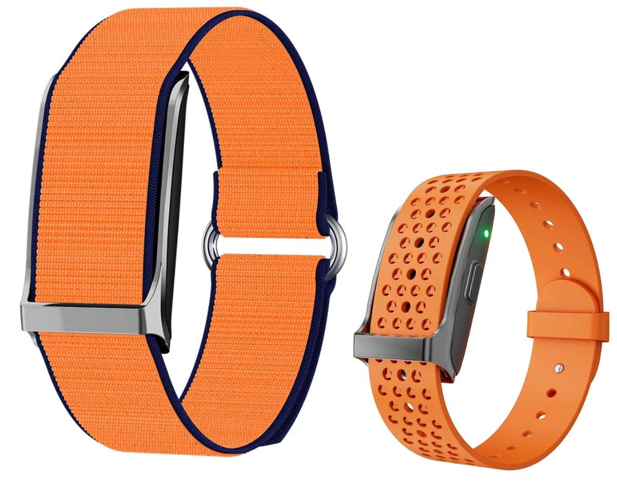 "A vibrant orange Lumeox® smartwatch with two interchangeable straps – a breathable perforated sports band and a stylish woven band. Designed for both high-performance workouts and everyday wear, combining comfort, durability, and a sleek modern look."