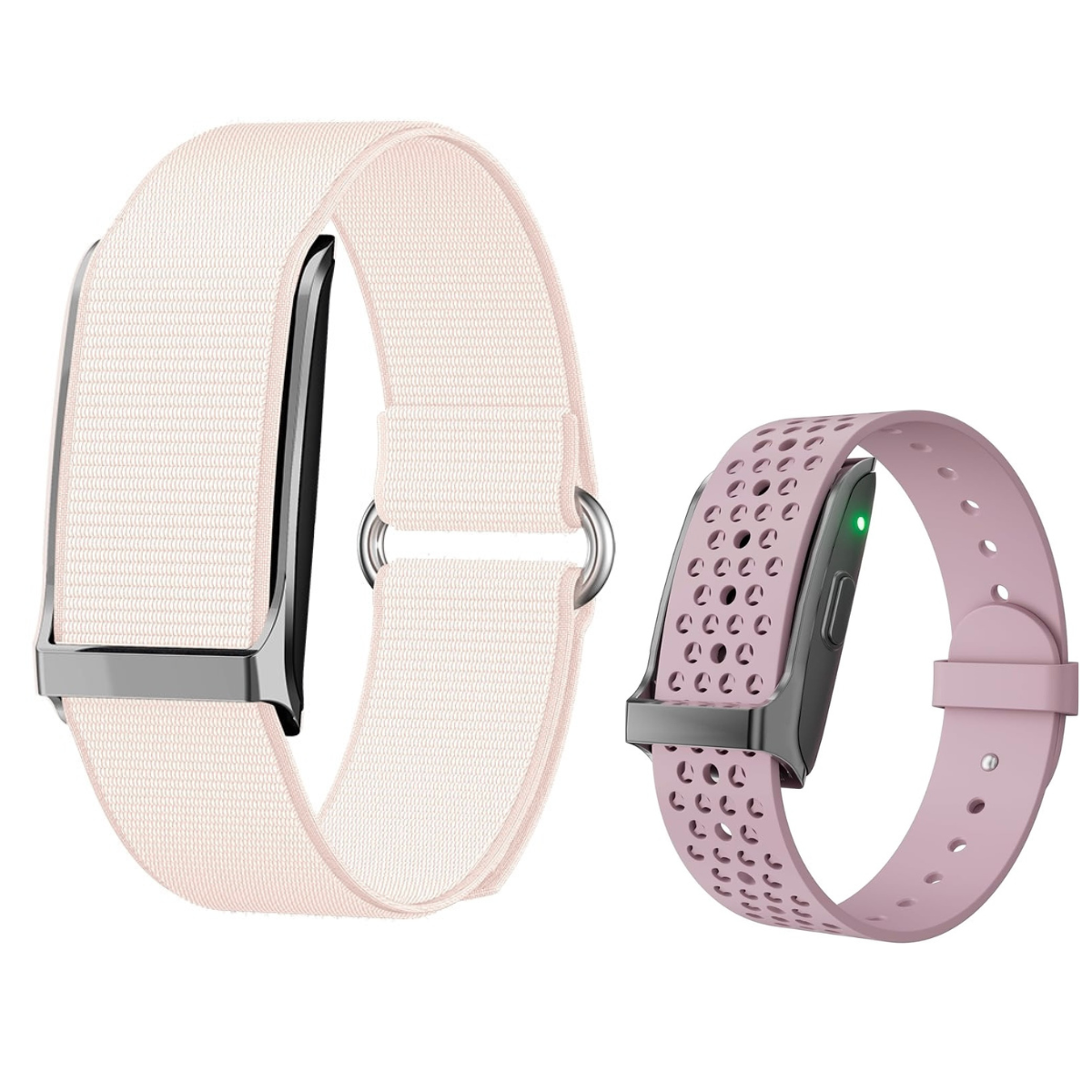 "A vibrant Pink Lumeox® smartwatch with two interchangeable straps – a breathable perforated sports band and a stylish woven band. Designed for both high-performance workouts and everyday wear, combining comfort, durability, and a sleek modern look."