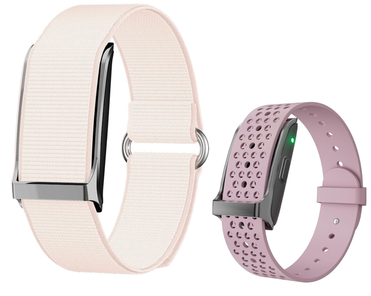 "A vibrant Pink Lumeox® smartwatch with two interchangeable straps – a breathable perforated sports band and a stylish woven band. Designed for both high-performance workouts and everyday wear, combining comfort, durability, and a sleek modern look."