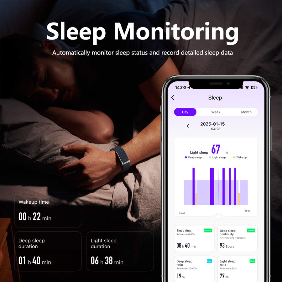 "Smartwatch sleep monitoring feature tracking sleep patterns, deep sleep, light sleep, and wake-up time with detailed insights via a mobile app."